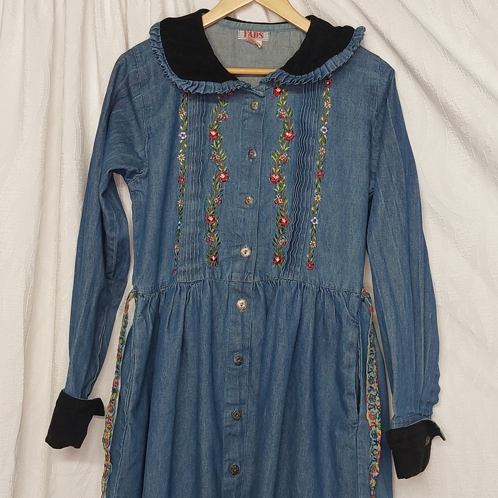 Rare Vintage 90s FADS Prairie Cottagecore Embroidered Denim Prairie Dream Dress - Picture 12 of 14
